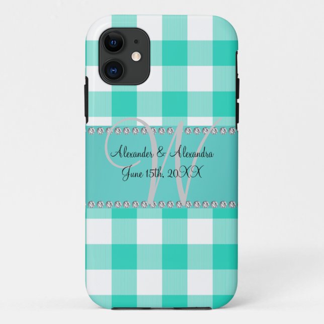Wedding monogram turquoise gingham checkers Case-Mate iPhone case (Back)