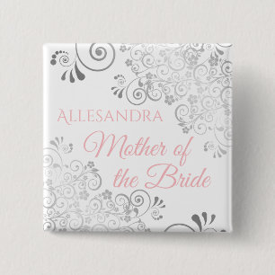 Wedding Mother of the Bride Name Tag Pink & Grey 2 Inch Square Button