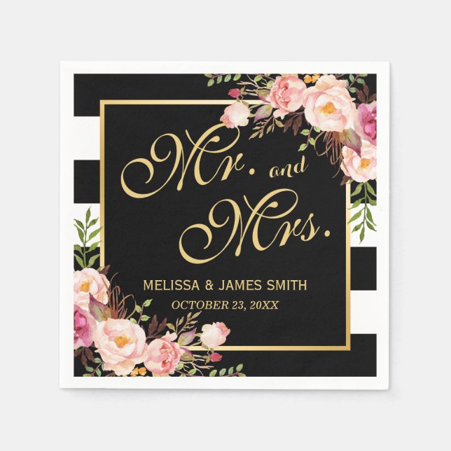 Wedding Mr. and Mrs. Floral Gold Frame Stripes Napkin (Front)