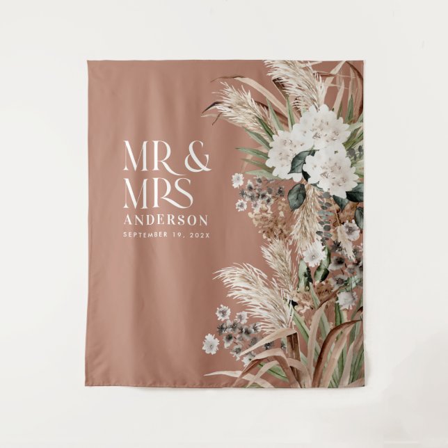 Wedding Mr and Mrs pampas grass modern elegant Tap Tapestry (Front)