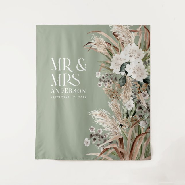Wedding Mr and Mrs pampas grass modern elegant Tapestry (Front)