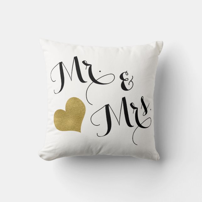 Wedding Mr. & Mrs. Black Script Gold Heart Throw Pillow (Front)