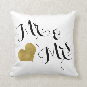 Wedding Mr. & Mrs. Black Script Gold Heart Throw Pillow