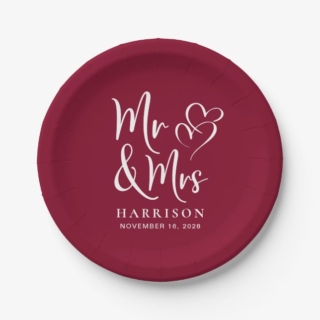 Wedding Mr Mrs Burgundy Paper Plate (Front)