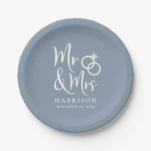 Wedding Mr Mrs Dusty Blue Paper Plate