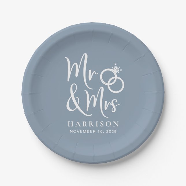 Wedding Mr Mrs Dusty Blue Paper Plate (Front)