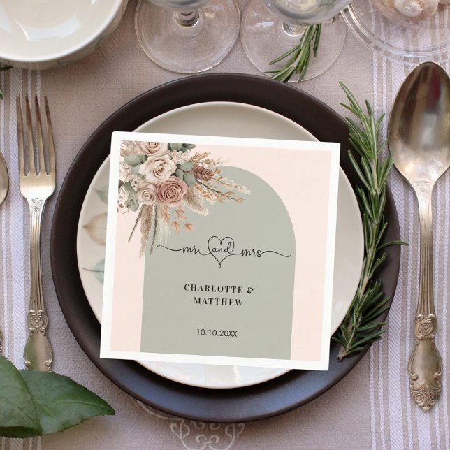 Wedding mr mrs heart pink arch sage napkin (Creator Uploaded)