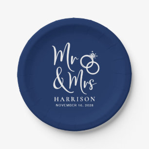 Wedding Mr Mrs Navy Blue Paper Plate