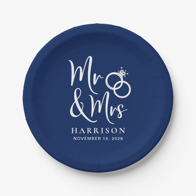 Wedding Mr Mrs Navy Blue Paper Plate (Front)