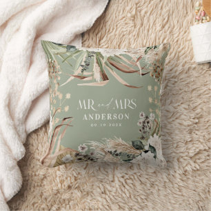 Wedding Mr Mrs pampas eucalyptus modern boho gift  Throw Pillow