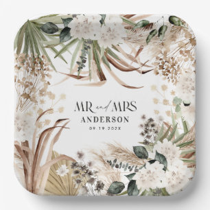 Wedding Mr Mrs pampas eucalyptus modern boho party Paper Plate