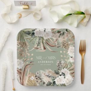 Wedding Mr Mrs pampas eucalyptus modern boho party Paper Plate