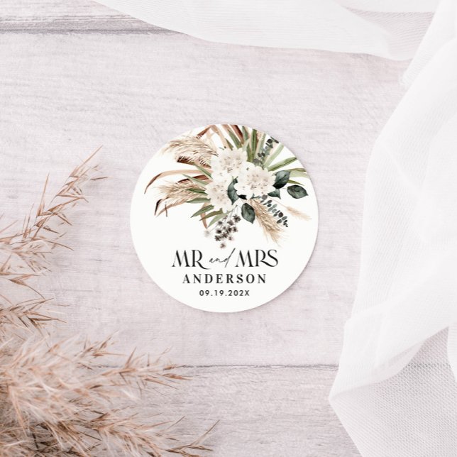 Wedding Mr Mrs pampas grass, eucalyptus botanical Classic Round Sticker (Creator Uploaded)