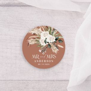 Wedding Mr Mrs pampas grass, eucalyptus botanical Classic Round Sticker
