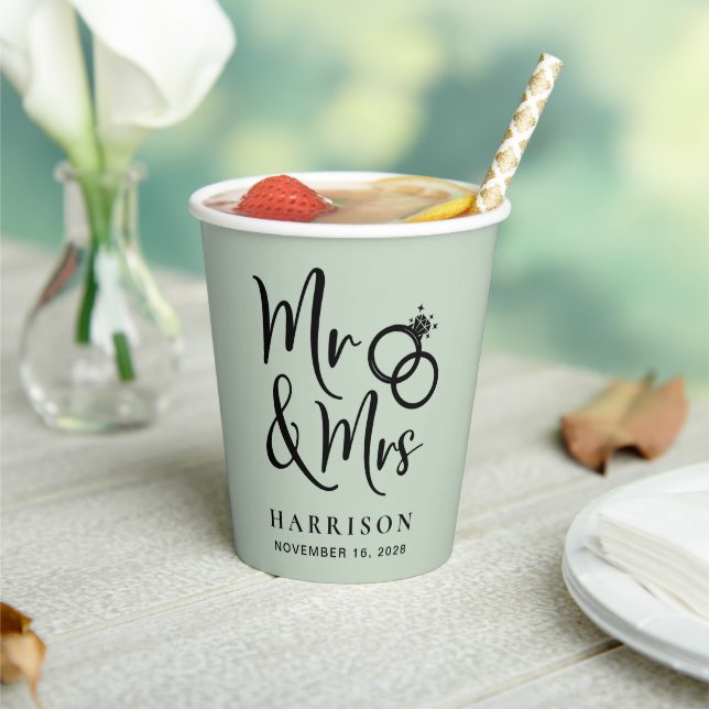 Wedding Mr Mrs Sage Green Paper Cups (Insitu)
