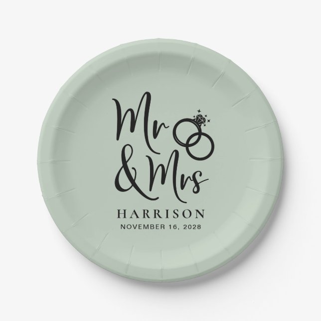 Wedding Mr Mrs Sage Green Paper Plate (Front)