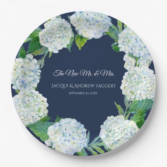 Wedding Mr n Mrs Navy Blue White Hydrangea Wreath Paper Plate (Front)