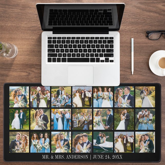 Wedding Multi Photo Collage - Choose Your Colour Desk Mat (Customize to change text size, text style or background color.)