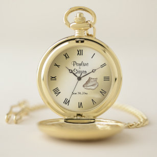 Wedding Name & Date  Gold Face w Roman Numerals Pocket Watch