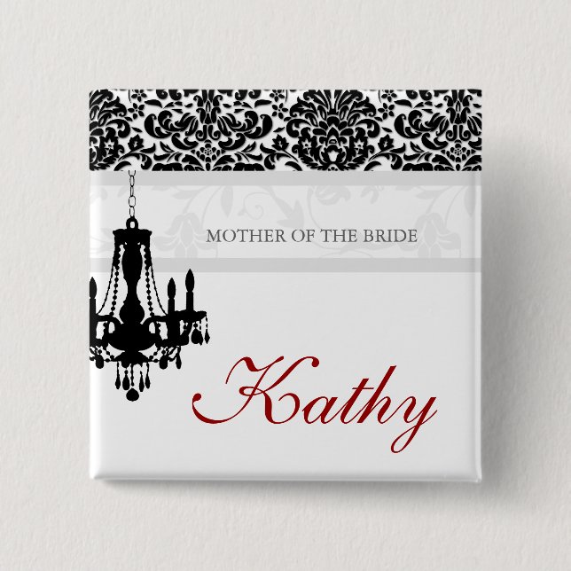 Wedding Name Tag Button Chandelier BW Damask (Front)