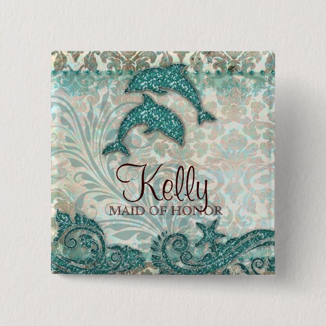 Wedding Name Tag Button Sparkle Dolphins Teal (Front)