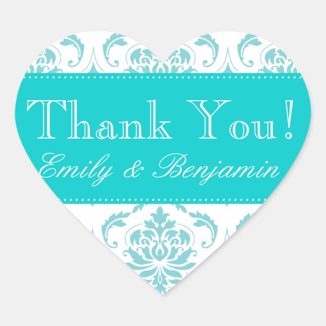 Wedding Names Aqua Damask Thank You Labels (Front)