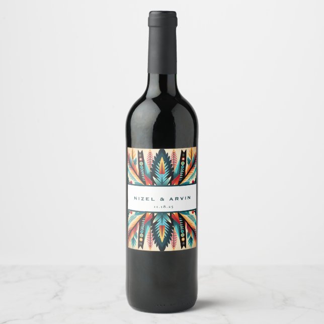 Wedding Names Aztec Tribal Ethnic  Wine Label (Front)