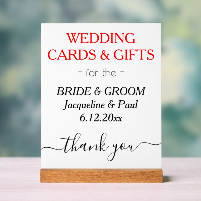 Wedding NAMES Cards Gifts White Black Red Acrylic Sign (Neutral)