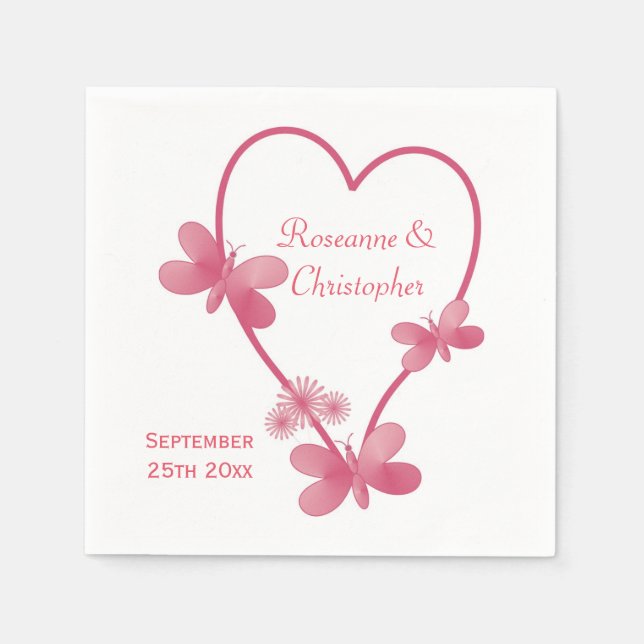 Wedding Napkins Pink Heart And Butterflies (Front)