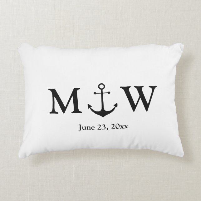 Wedding nautical anchor black and white monogram  accent pillow (Front)