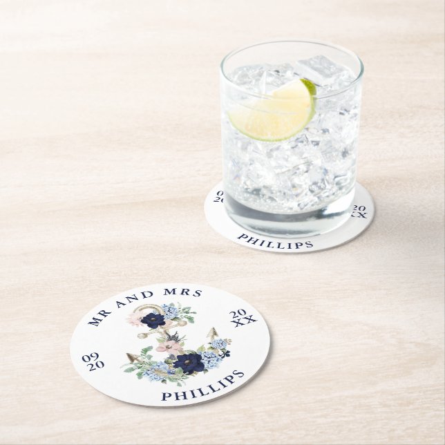 Wedding Nautical Anchor Floral MR and MRS Round Paper Coaster (Insitu)