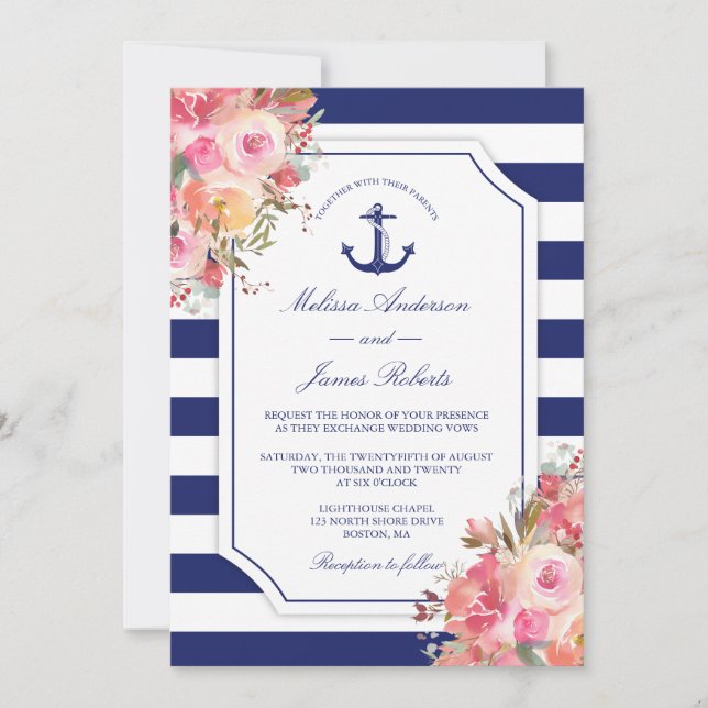 Wedding Nautical Anchor Floral Rose Blue Stripes Invitation (Front)