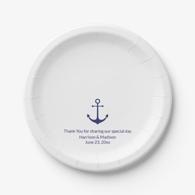 Wedding nautical anchor navy blue and white paper plate (Front)