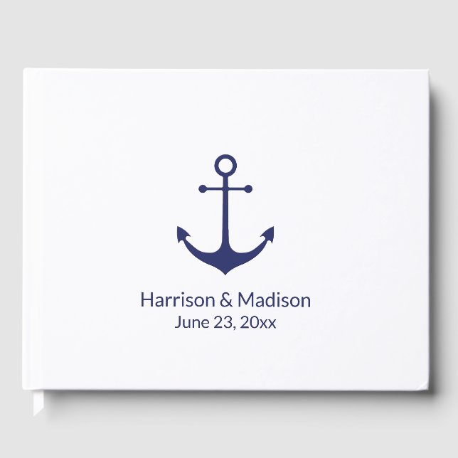 Wedding nautical anchor navy blue white elegant guest book (Front)