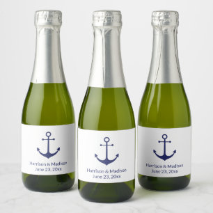 Wedding nautical anchor navy blue white elegant sparkling wine label
