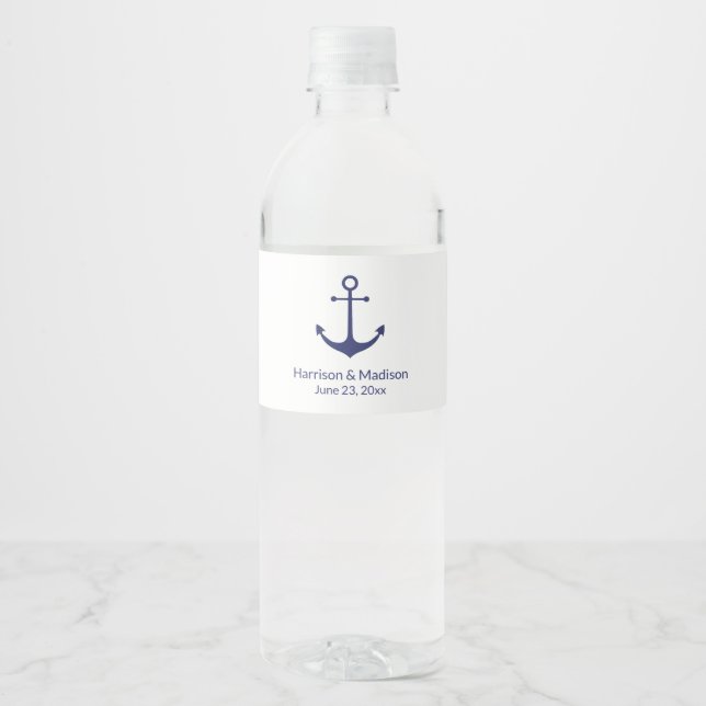 Wedding nautical anchor navy blue white elegant water bottle label (Front)
