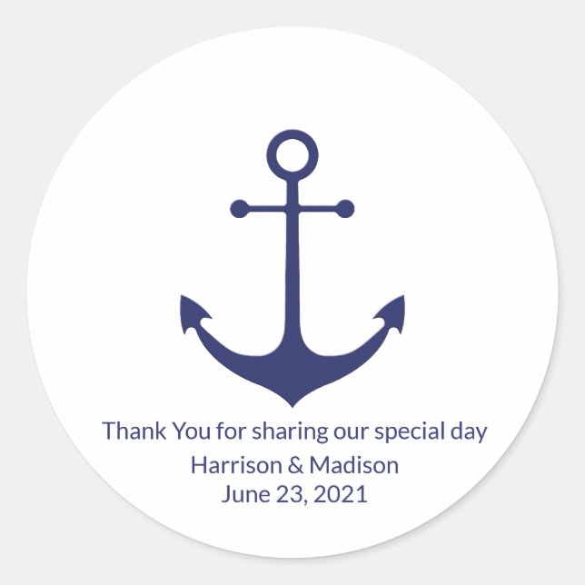 Wedding nautical anchor navy blue white favours classic round sticker (Front)