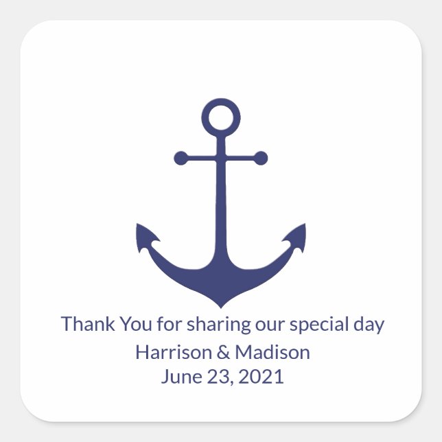 Wedding nautical anchor navy blue white favours square sticker (Front)