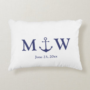 Wedding nautical anchor navy blue white monogram accent pillow