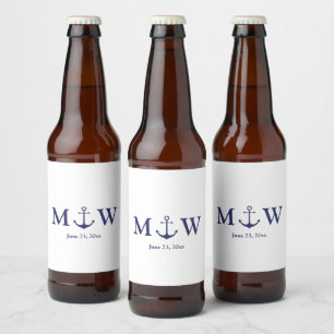 Wedding nautical anchor navy blue white monogram beer bottle label