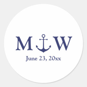 Wedding nautical anchor navy blue white monogram classic round sticker