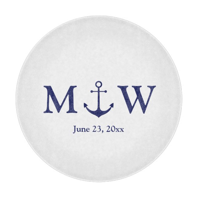 Wedding nautical anchor navy blue white monogram cutting board (Front)