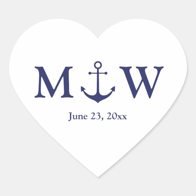 Wedding nautical anchor navy blue white monogram heart sticker (Front)