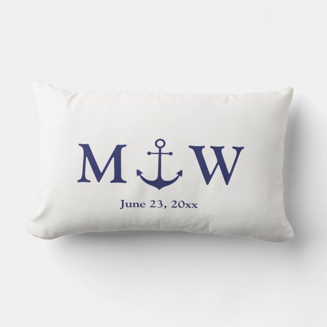 Wedding nautical anchor navy blue white monogram lumbar pillow (Front)