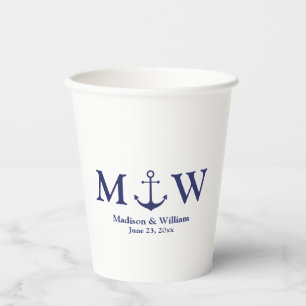 Wedding nautical anchor navy blue & white monogram paper cups