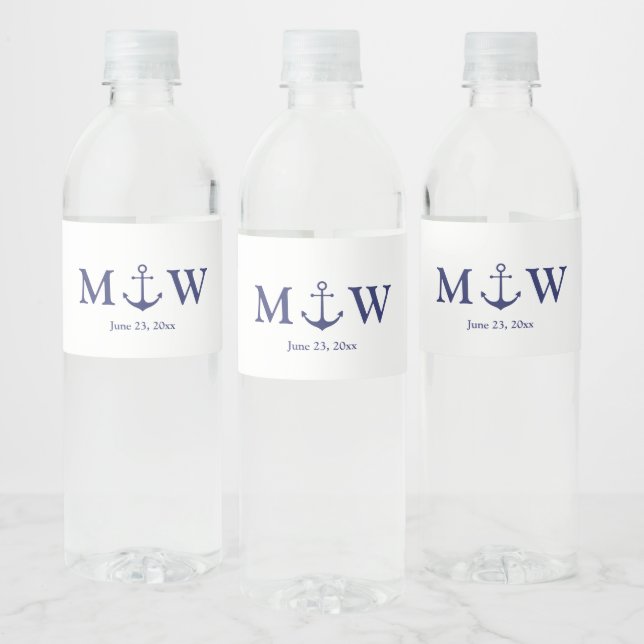Wedding nautical anchor navy blue white monogram water bottle label (Bottles)
