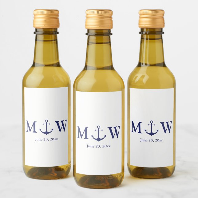 Wedding nautical anchor navy blue white monogram wine label (Bottles)