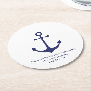 Wedding nautical anchor navy blue white round paper coaster