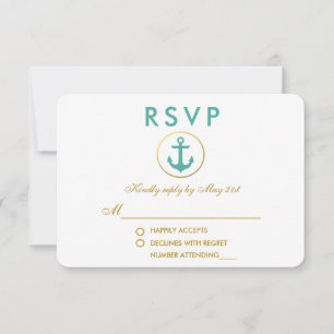 Wedding Nautical Anchor Teal Gold RSVP Card