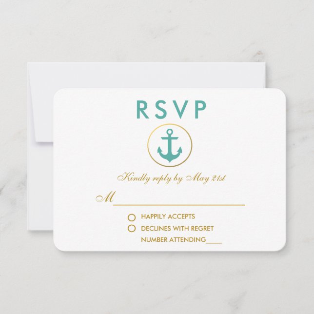 Wedding Nautical Anchor Teal Gold RSVP Card (Front)